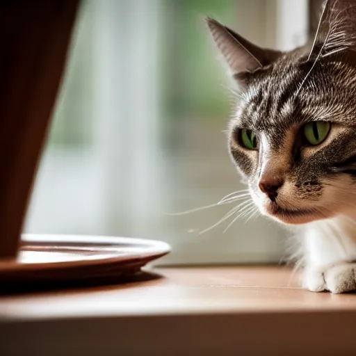 Prompt: Cat having a very sad face with tired eyes, on kitchen table, 40nm lens, shallow depth of field, split lighting, 4k,