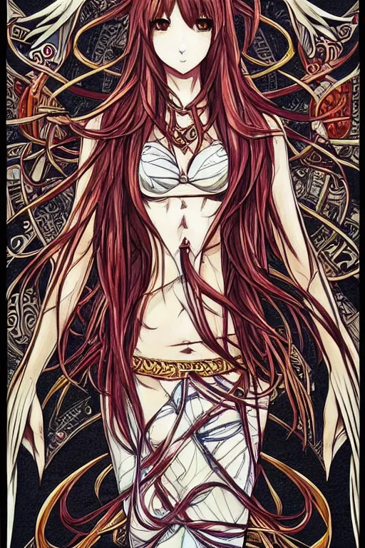 Prompt: makise kurisu, intricate, amazing line work, colorful, tarot cards, the devil tarot card