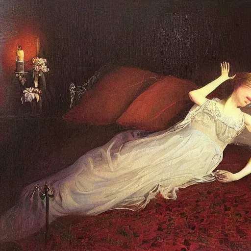 Prompt: for in that sleep of death what dreams may come,, victorian, oil