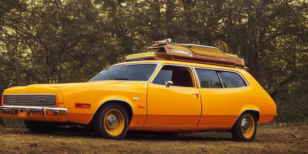 Image similar to 1 9 7 3 ford pinto stationwagon, yellow - orange color, wide - angle lens, dramatic lighting, cool marketing photo