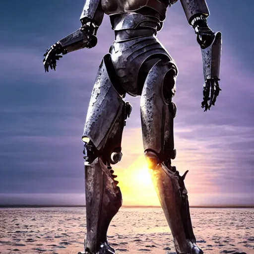 Image similar to cinematic body shot, realistic detailed stunning beautiful armored humanoid anthropomorphic female robot dragon, looking to the side with an elegant pose of hand on hip, smooth and streamlined armor and design made of steel, sharp claws and sharp teeth, high quality head, Slick LEDs, on the beach during sunset, high quality, cinematic art, sci fi, sunset lighting, 3D render, 8k, artstation, deviantart, furaffinity