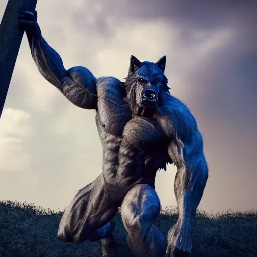 Image similar to muscular werewolf, grey fur, city background, field of depth, bokeh, award-winning photorealistic uhd 8k