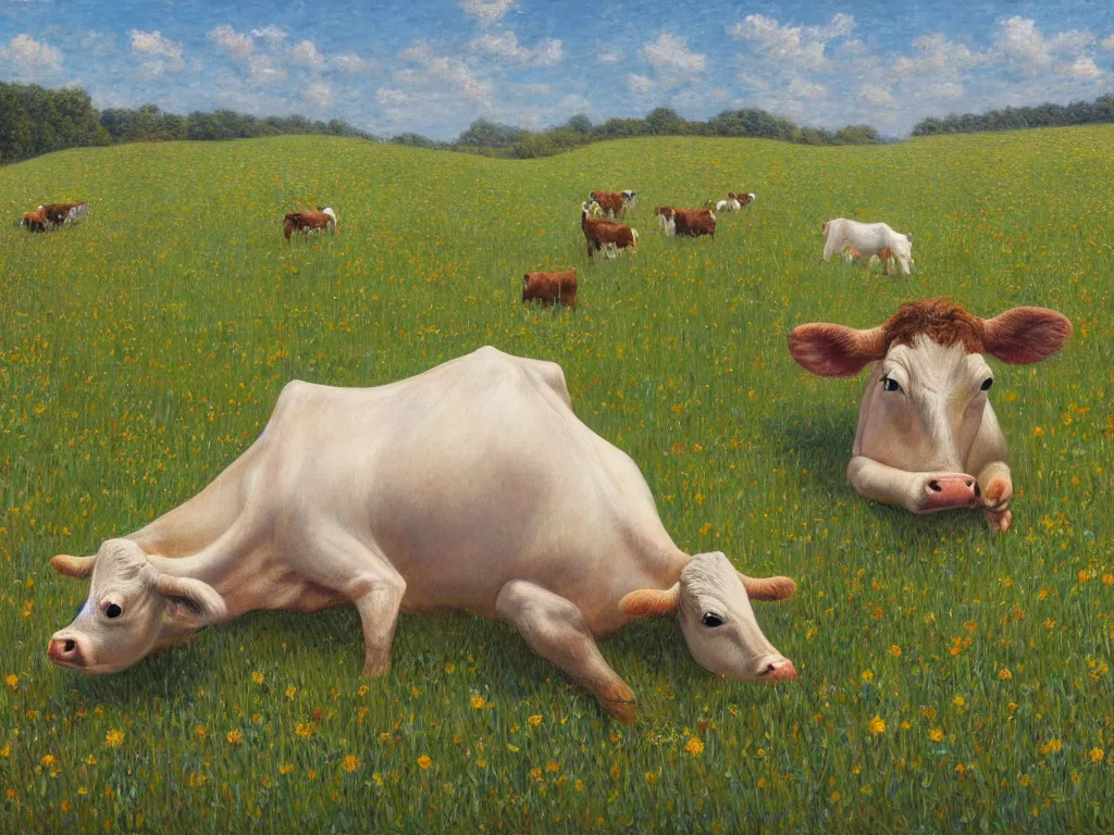 Image similar to a detailed painting of cow doing the downward facing dog yoga pose in a beautiful farm field, aesthetically pleasing and harmonious natural colors, art by tiffany bozic, impressionism, detailed