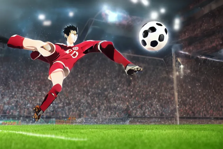 Image similar to anime soccer player scores goal with high kick, hyper realism, octane render