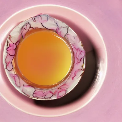 Prompt: water paint top view of a cup of sakura petals pink tea