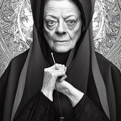 Prompt: amazing lifelike award winning pencil illustration of Maggie smith as reverend mother trending on art station artgerm Greg rutkowski alphonse mucha cinematic