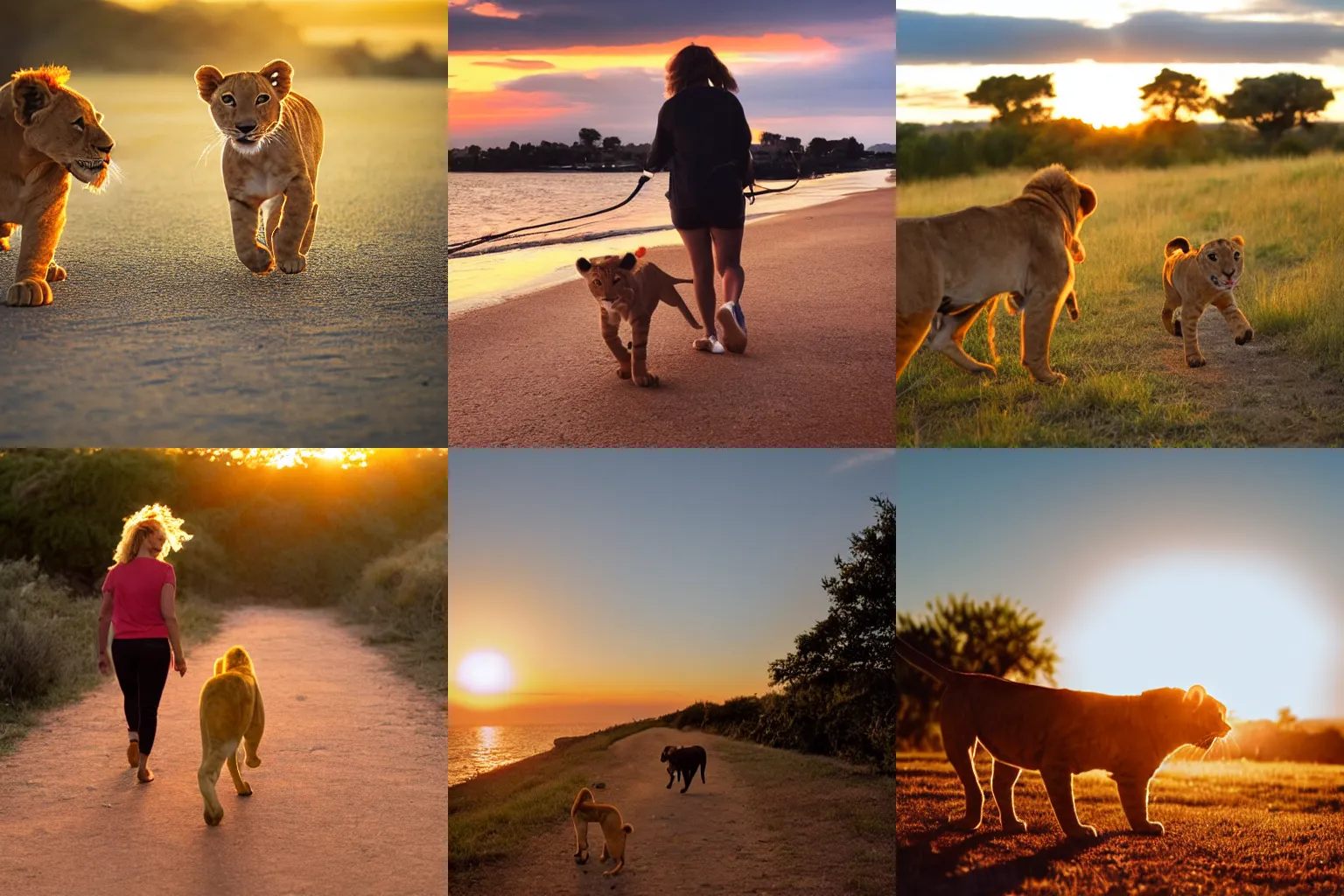 Prompt: Simba and nala walking during sunset