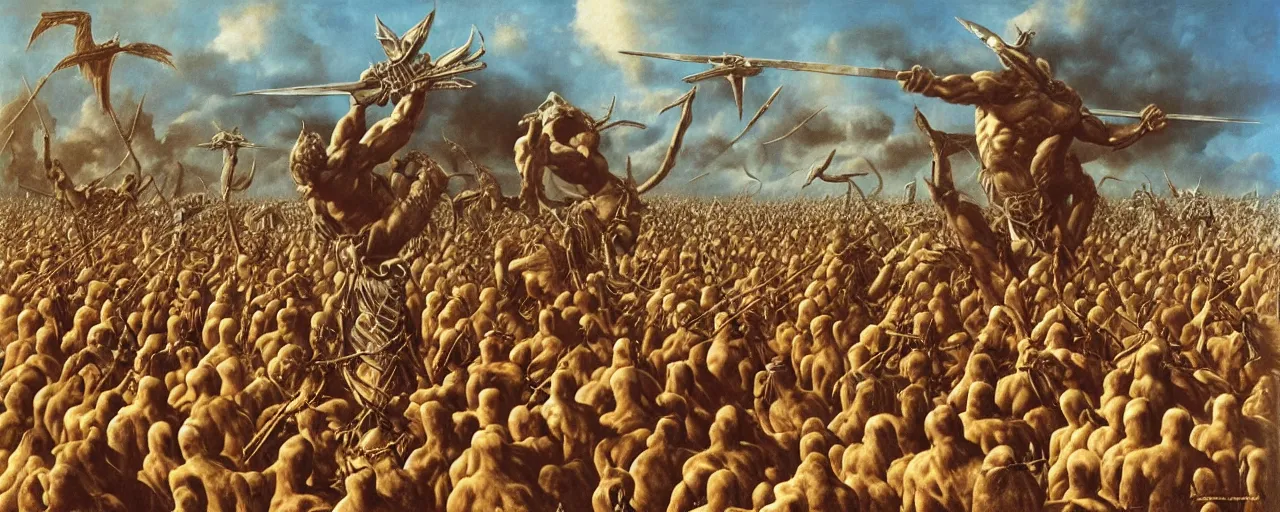 Image similar to the hungry birds of war. manowar album cover, ripped muscular barbarians are surrounded, 8k, highly detailed, by Zdzisław Beksiński