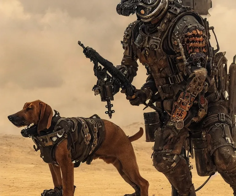 Image similar to a good ol'bloodhound dog fursona ( from the furry fandom ), heavily armed and armored facing down armageddon in a dark and gritty version from the makers of mad max : fury road. witness me.