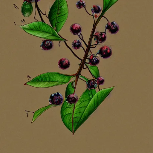 Image similar to botanical drawing of bilberry bush. detailed art. color. rustic. nordic. trending on artstation. detailed. shrub. nature. artistic.