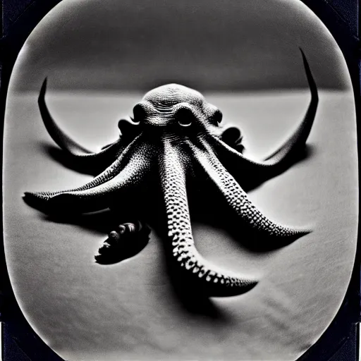 Prompt: beautiful, award winning photo of a monster of vaguely anthropoid outline, but with an octopus - like head whose face was a mass of feelers, a scaly, rubbery - looking body, prodigious claws on hind and fore feet, and long, narrow wings behind, hyperealistic detailed photography polaroid, 5 0 mm lens, motion blur, grainy image