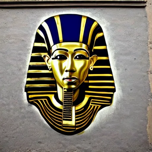 Prompt: a graffiti portrait of king tutankhamen, street art, highly detailed by banksy