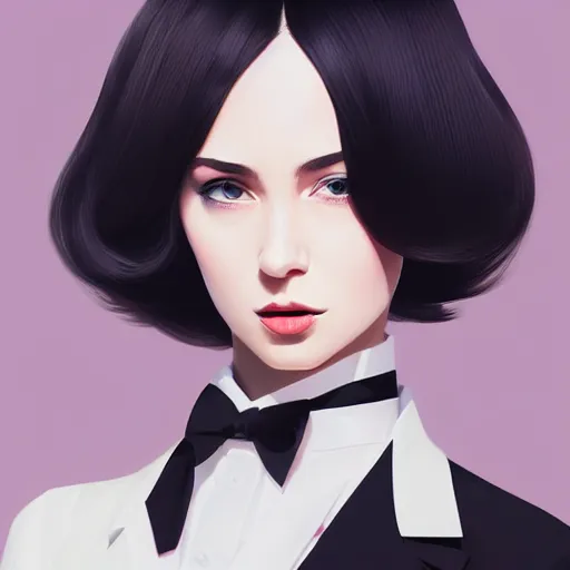 Image similar to young female in black tuxedo, corporate boss, luxury, muted colors, matte print, pastel colors, 2d, ultra highly detailed, smooth, sharp focus, digital art, digital painting, fan art, elegant, artstation, head is centered, by Ilya Kuvshinov