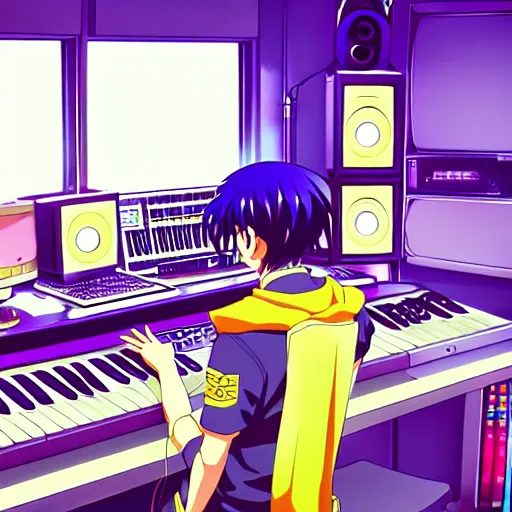 Image similar to An anime character working in their music studio. 90s anime, Sailor Moon, Neon Genesis, official art, flat cell shading, fantastic screenshot art, trending on artstation