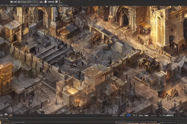 Image similar to an intricate matte painting of An epic stronghold crusader busy marketplace screenshot, highly detailed iridescent dimly lit exterior with shafts of iridescent light bouncing off magical realms, by Sandra Chevrier, trending on artstation