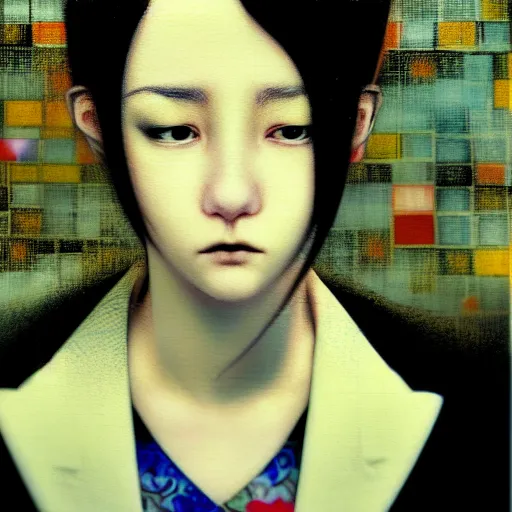 Image similar to yoshitaka amano blurred and dreamy realistic three quarter angle portrait of a young woman with short hair and black eyes wearing office suit with tie, junji ito abstract patterns in the background, satoshi kon anime, noisy film grain effect, highly detailed, renaissance oil painting, weird portrait angle, blurred lost edges