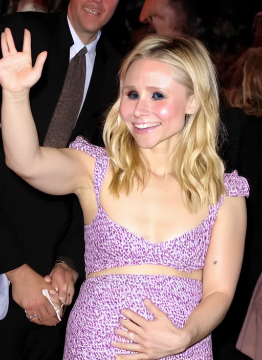 Image similar to pov, first person point of view photograph of my hand grabbing kristen bell's fat chubby belly, her belly is fat and round