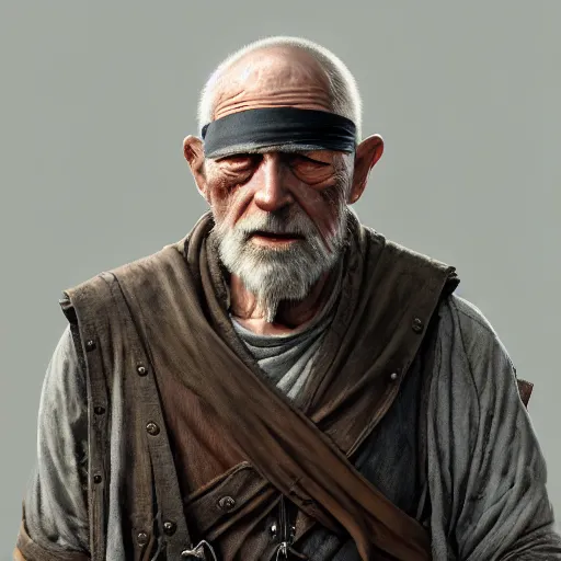 Prompt: portrait painting of a post - apocalyptic older american man wearing monk garbs and a blindfold and a scrap pauldron, ultra realistic, concept art, intricate details, eerie, highly detailed, photorealistic, octane render, 8 k, unreal engine. art by artgerm and greg rutkowski and charlie bowater and magali villeneuve and alphonse mucha