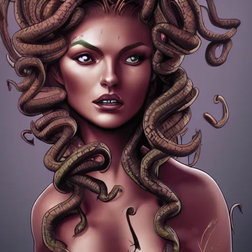 Image similar to medusa painting, comic style, seductive, dynamic lighting, artstation, detailed, blurred background