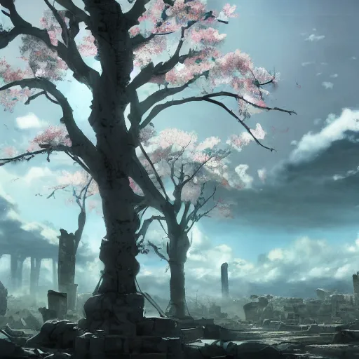 Image similar to apocalyptic ruins. One single Sakura tree growing. Atmospheric lighting, gloomy, dark, end of the world, ruins, everything is dead, post apocalyptic. Makoto Shinkai, anime, trending on ArtStation, digital art.