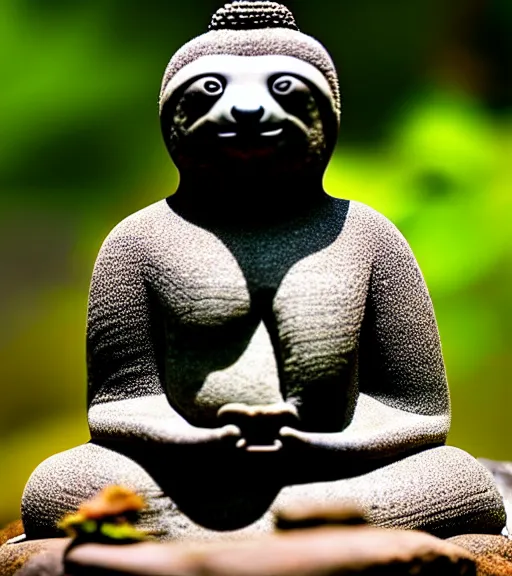 Prompt: a photograph of a sloth buddha meditating in a zen rock garden, nature photography, highly detailed, intricate details, sharp focus, celestial