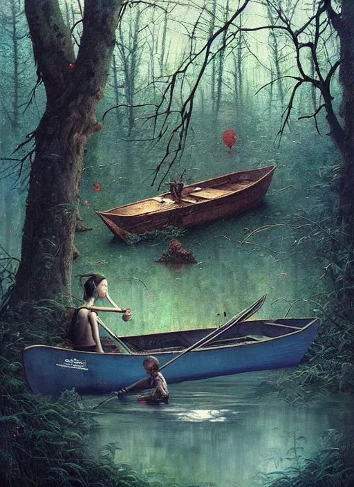 Image similar to boat in the woods by a river gorgeous lighting, lush forest foliage blue sky a hyper realistic painting by chiara bautista and beksinski and norman rockwell and greg rutkowski, tom bagshaw weta studio, and lucasfilm