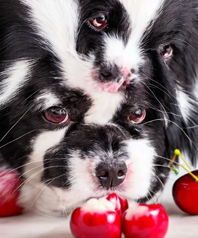 Image similar to black and white japanese chin dog eating cherry muffins