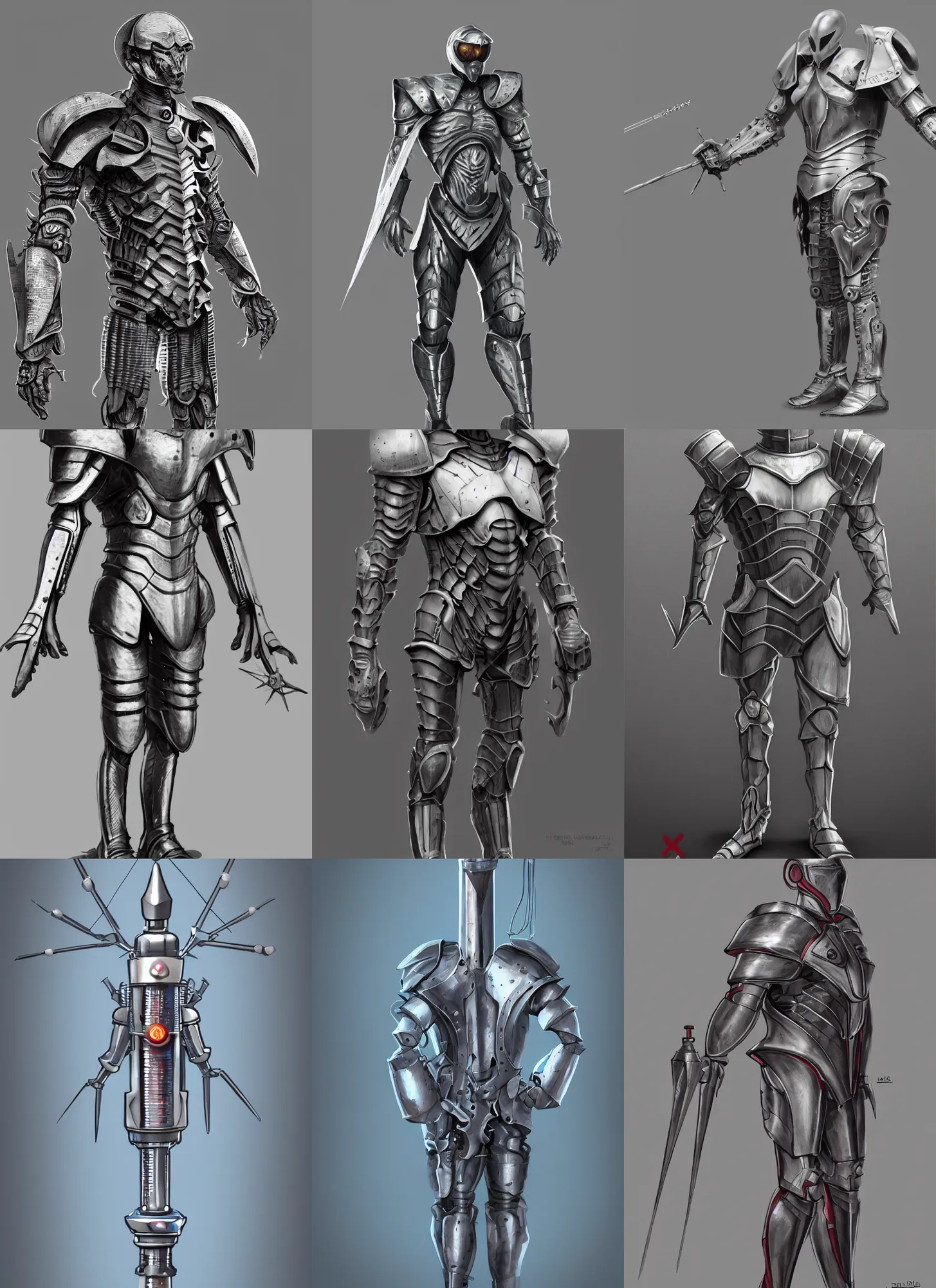 Prompt: a suit of armor shaped like a medical syringe needle, concept art, 4k, trending on artstation