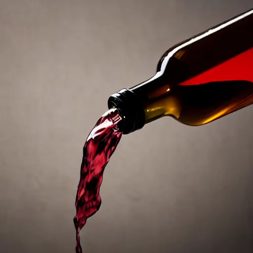 Image similar to wine bottle hitting the floor, bottom part explode into pieces letting the wine escape but bottle upper part remain clean, clear view on the label, cinematographic realistic look