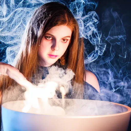 Image similar to teen witch mixing a spell in a cauldron, wispy smoke, studio lighting