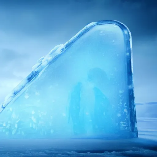 Image similar to large cloudy ice block with blue person inside on snow in game of thrones, 4 k, epic, cinematic, focus, movie still, fantasy, extreme detail, atmospheric, dark colour, sharp focus