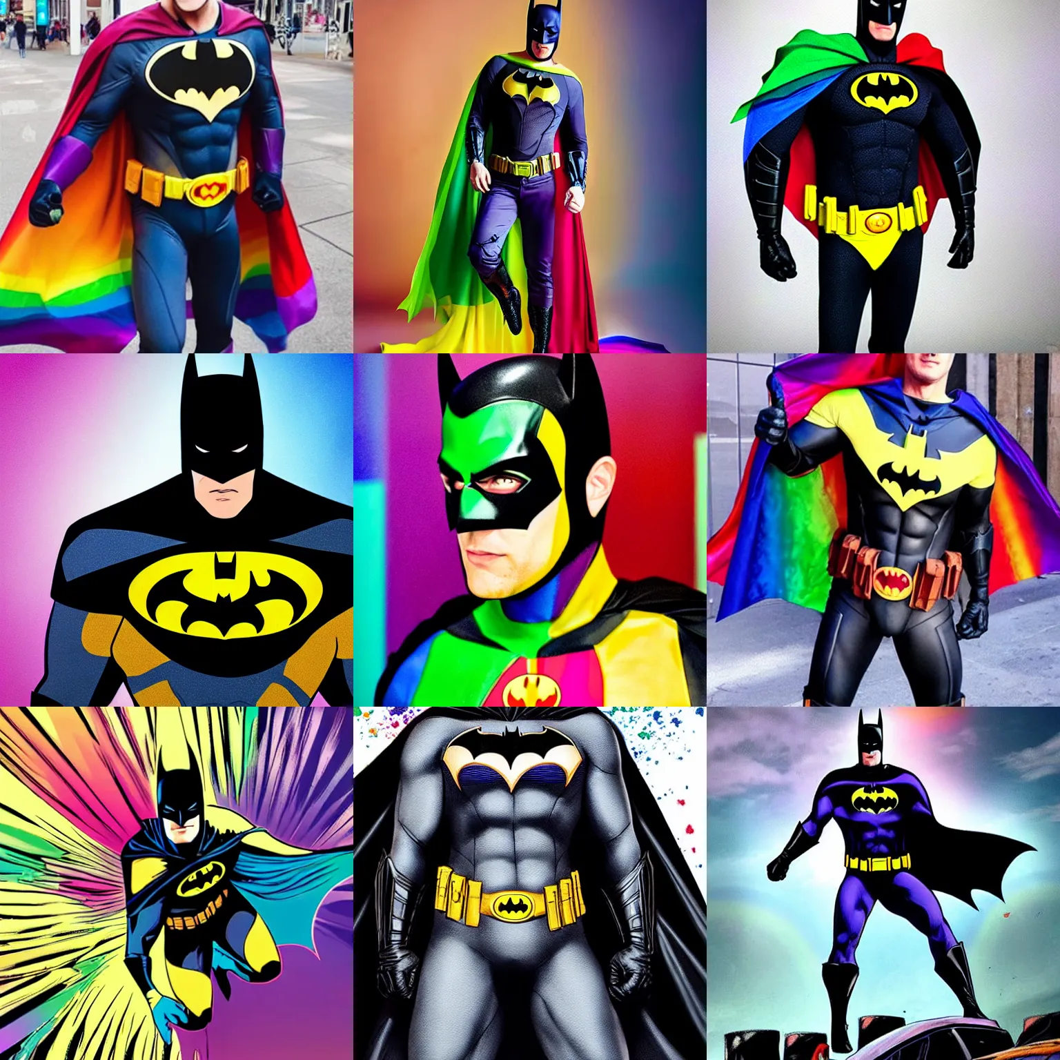 Prompt: batman during the pride month wearing a new costume with rainbow colors theme, lot of colors