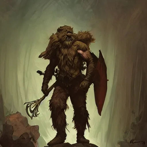 Image similar to The DnD Bugbear ranger, full body artwork by Craig Mullins, Simon Bisley, Gregory Manchess, Fernanda Suarez, Artem Demura, Alphonse Mucha, Donato Giancola, Jason Felix, Steve Argyle, Tyler Jacobson, Peter Mohrbacher, digital art, trending on artstation