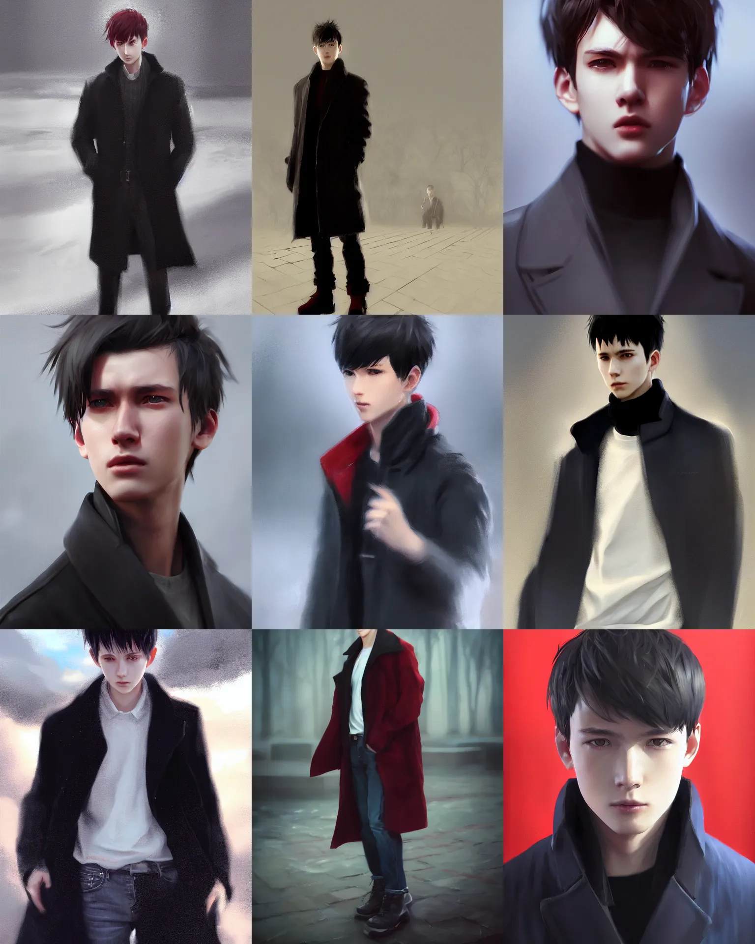 Prompt: wlop, krenz cushart, close detailed portrait digital painting of a young man with black cowlick haircut, wearing black overcoat, red clothes, blue jeans. sunbeam, unreal engine, hyper realism, realistic shading, cinematic composition, blender render, octane render, hdr, detailed textures, photorealistic, 3 5 mm film