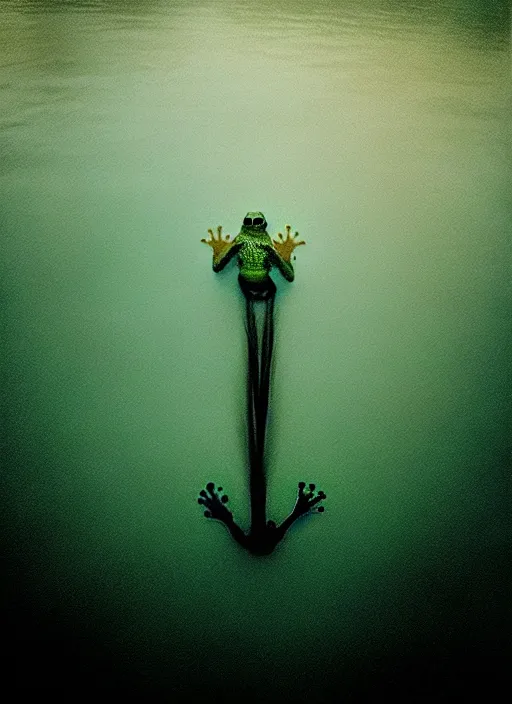 Image similar to “ghostlike frog amphibian vertically hovering over misty lake waters in jesus christ pose, low angle, long cinematic shot by Andrei Tarkovsky, paranormal, eerie, mystical”