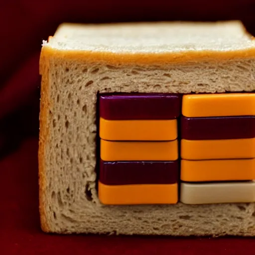 Prompt: a peanut butter and jelly sandwich rubiks cube