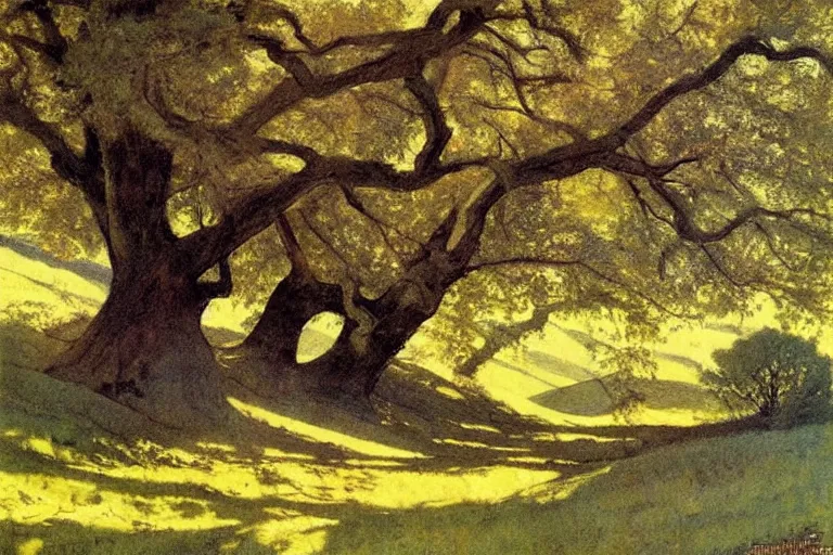 Prompt: masterpiece painting of oak trees on a hillside overlooking a creek, dramatic lighting, by jessie willcox smith