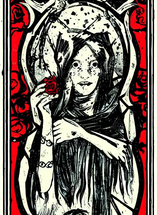 Image similar to tarot card :: horror :: vintage :: blood and roses :: by Yurtsev and Darkchylde