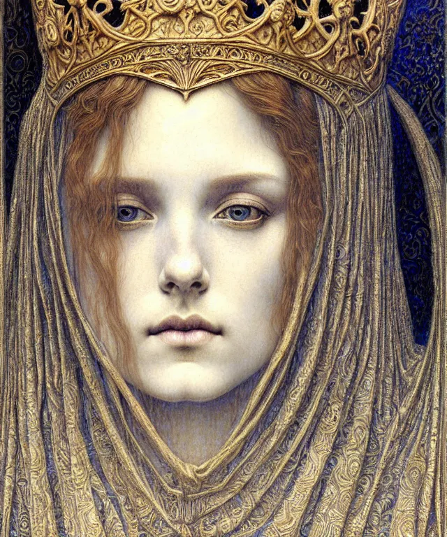 Image similar to detailed realistic beautiful young medieval queen face portrait by jean delville, gustave dore and marco mazzoni, art nouveau, symbolist, visionary, gothic, pre - raphaelite. horizontal symmetry