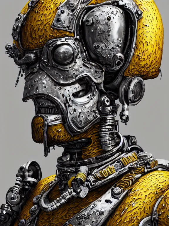 Image similar to portrait art of 8k ultra realistic Homer Simpson, detailed intricate ornate armour,decaying, cybernetic, full of colour, cinematic lighting, battered, trending on artstation, 4k, hyperrealistic, focused, extreme details,unreal engine 5, cinematic, masterpiece, art by ayami kojima, giger