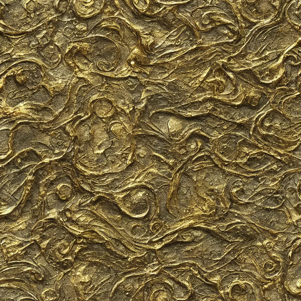 Prompt: seamless tileable texture of damaged metal gold, realistic, very detailed, beautiful, intricate details, sharp focus, substance designer, substance render, substance painter, marmoset, unreal engine, octane render