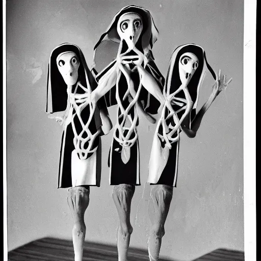 Prompt: black and white, award winning photo, levitating twin nuns each having 6 arms, wearing swimsuit, pentgram necklace, a guillotine is depicted, the nuns have Very long arms, in a sanctuary, eerie, frightening —width 1024 —height 1024