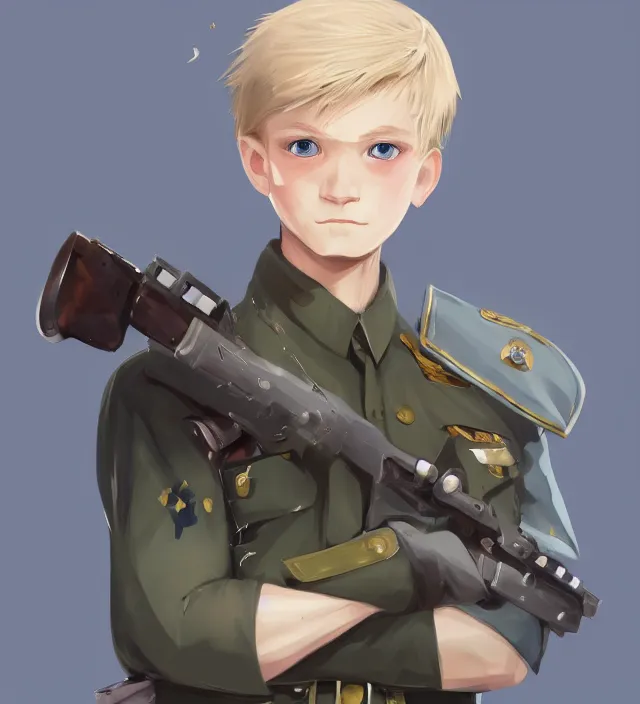 Image similar to character concept art of a cute young german boy with blond hair and bluish eyes, wearing a military uniform. lovely - fine - face, key visual, realistic shaded perfect face, fine details by rossdraws, james jean, andrei riabovitchev, marc simonetti, sakimichan, trending on artstation