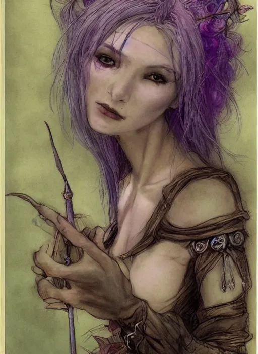 Image similar to portrait of young female sorceress of the endtimes, transluscent skin, lavender hair, beautiful! coherent! dungeons and dragons character, by brian froud, strong line, cool night color, high contrast