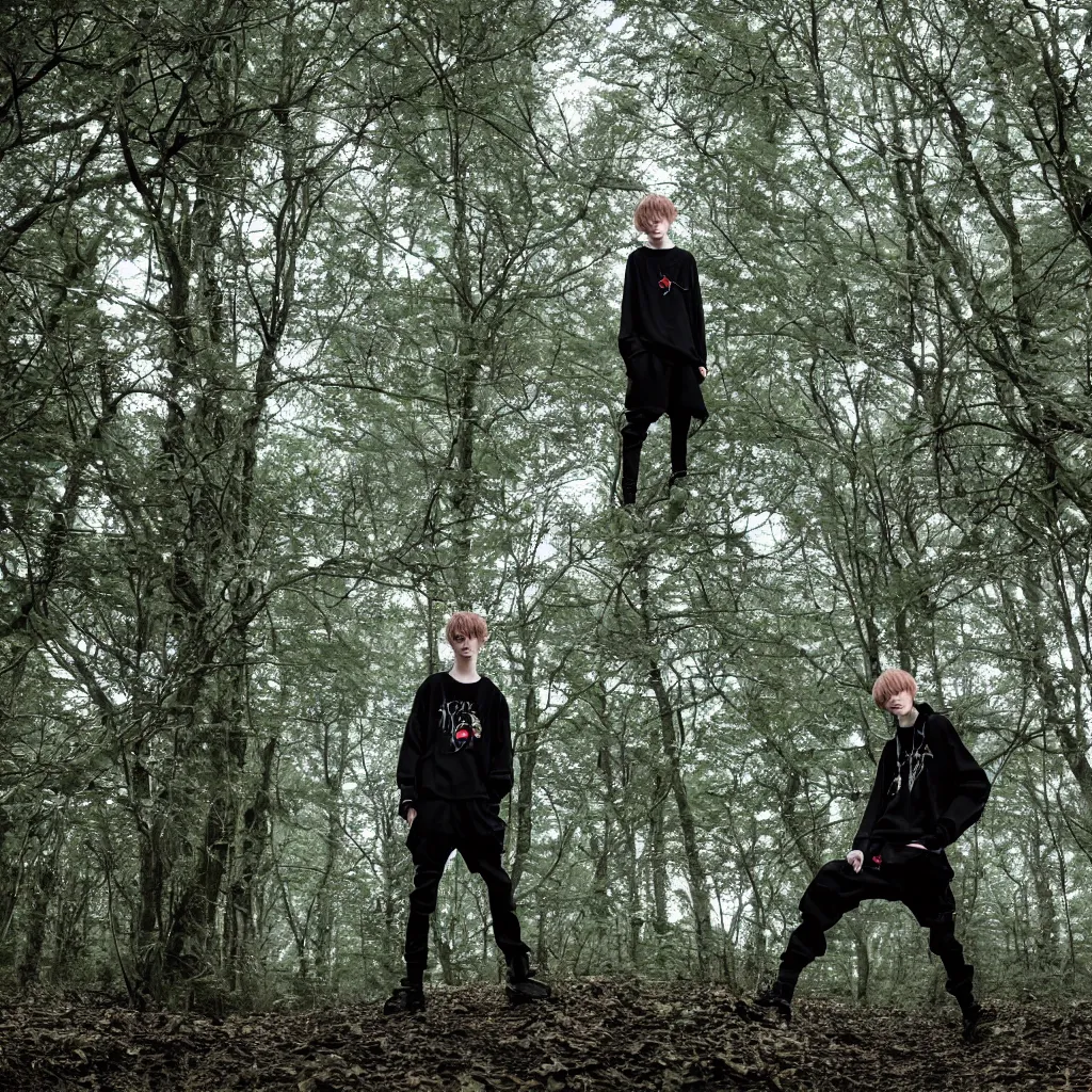 Image similar to cinematic still of bladee in dark forest, XF IQ4, f/1.4, ISO 200, 1/160s, 8K, RAW, dramatic lighting, symmetrical balance, in-frame