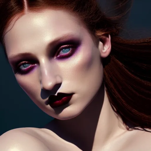 Image similar to photographic portrait of a stunningly beautiful renaissance female, dark lips and eye shadow, in soft dreamy light at sunset, god rays, contemporary fashion shoot, by edward robert hughes, annie leibovitz and steve mccurry, david lazar, jimmy nelsson, breathtaking, 8 k resolution, extremely detailed, establishing shot, artistic, hyperrealistic, perfect face, octane render