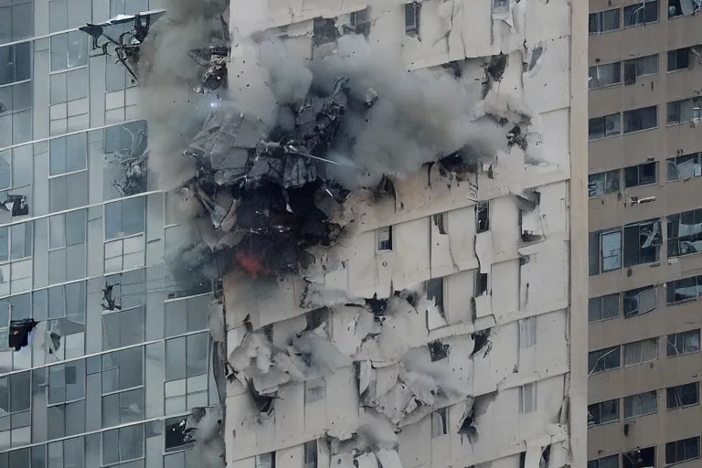 Image similar to militarily helicopter firing missiles smashes through high rise window, explosions, office interior, by Michael Bay