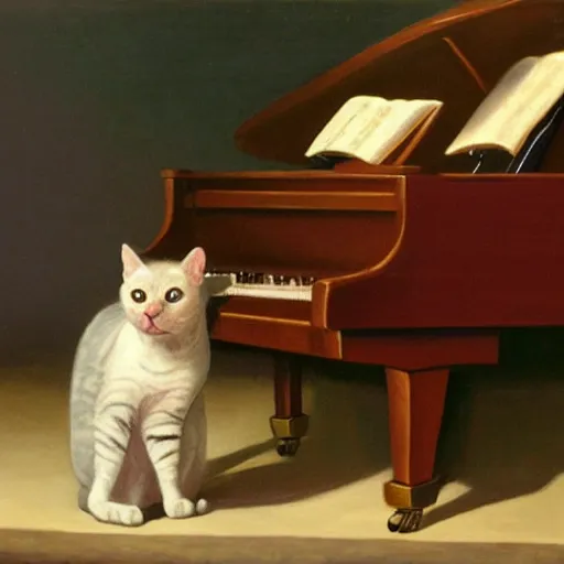 Prompt: an cat playing piano, oil painting,