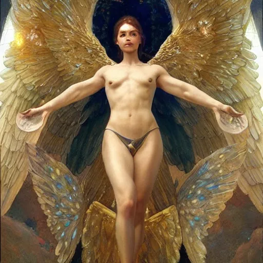 Prompt: epic masterpiece full body portrait a beautiful female angel, flawless skin, perfect body, perfectly formed translucent wings, golden light rays, by Edgar Maxence and Ross Tran and Michael Whelan