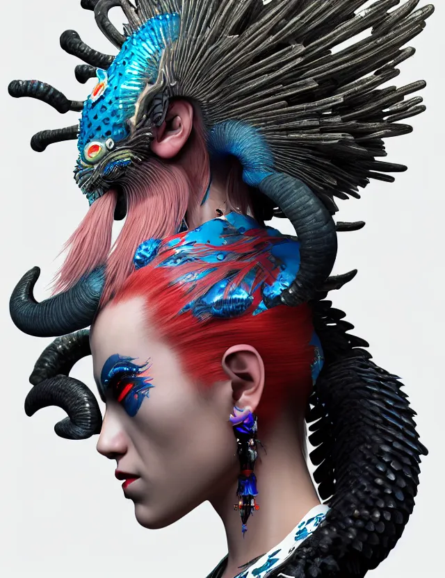 Image similar to 3 d goddess close - up profile portrait russian punk with mohawk with ram skull. beautiful detailed japanese crow kitsune mask and clasical japanese kimono. betta fish, jellyfish phoenix, bio luminescent, plasma, ice, water, wind, creature, artwork by tooth wu and wlop and beeple and greg rutkowski